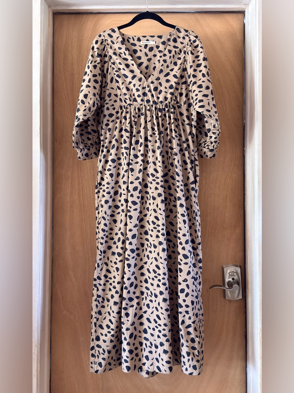 Marine Layer Alani Poplin Dress Brown Black Abstract Spotted Print Womens S Maxi